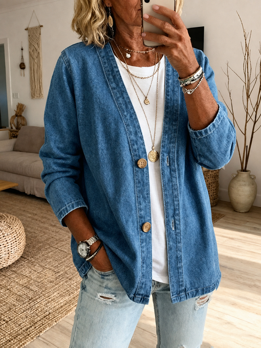 Long Sleeves Plus Size Buttoned Solid Color Collarless Denim Outerwear