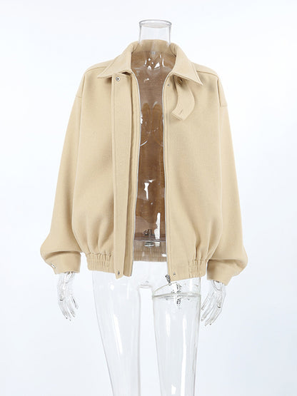 Long Sleeves Loose Buttoned Elasticity Solid Color Zipper Lapel Jackets Outerwear