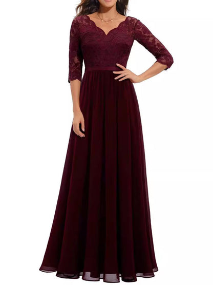 A-Line High Waisted Pleated See-Through Solid Color Split-Joint V-Neck Maxi Dresses