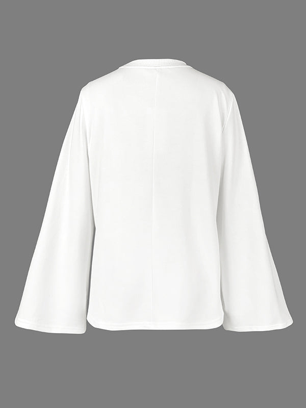 Flared Sleeves Long Sleeves Flower Print Round-neck T-Shirts Tops