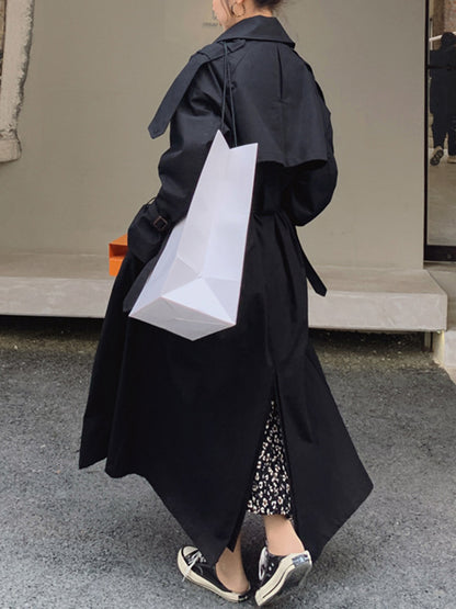 Long Sleeves Loose Buckle Buttoned Solid Color Split-Back Lapel Trench Coats