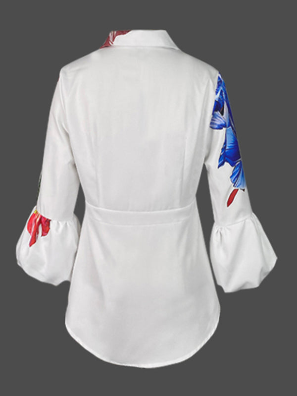 Loose Puff Sleeves Buttoned Flower Print Split-Joint Lapel Blouses&Shirts Tops