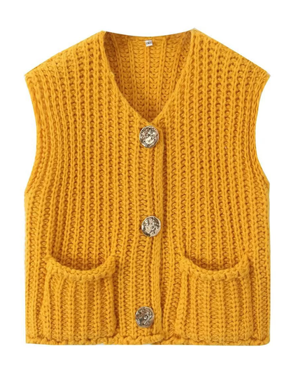 Sleeveless Buttoned Pockets Solid Color Cardigan Tops Knit Top