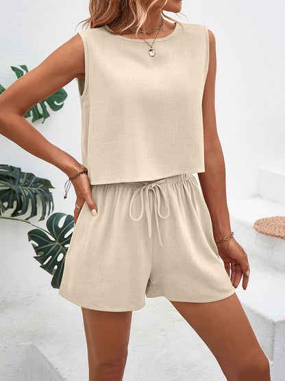 Loose Sleeveless Buttoned Drawstring Elasticity Pockets Solid Color Round-Neck Shorts Bottoms + Tank Top Two Pieces Set