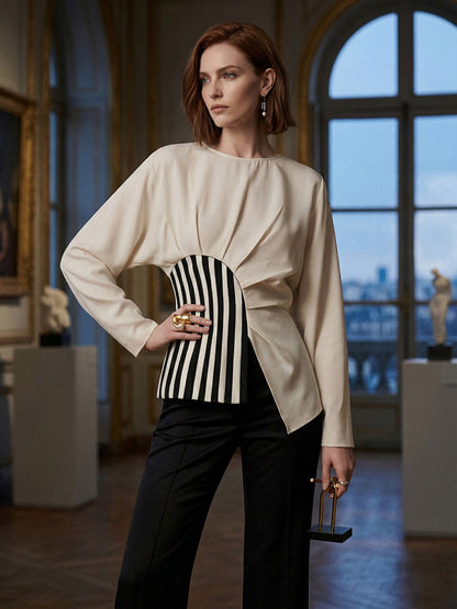 Irregularity Long Sleeves Asymmetric Pleated Split-Joint Striped Zipper Round-Neck Blouses&Shirts Tops