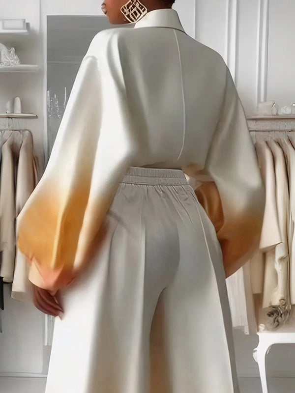 Loose Puff Sleeves Gradient Split-Joint Lapel Blouses&Shirts Tops