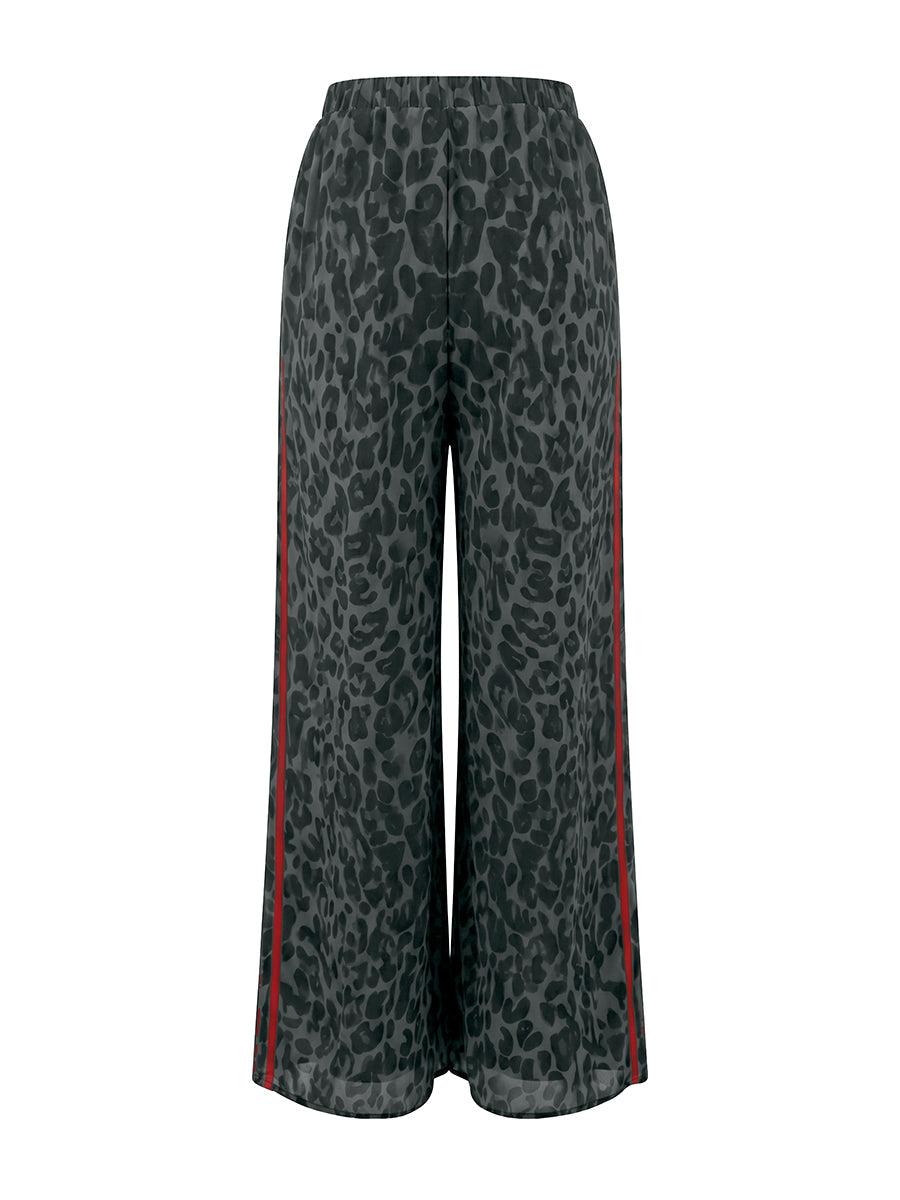 Loose Wide Leg Contrast Color Leopard Pockets See-Through Split-Joint Striped Pants Trousers