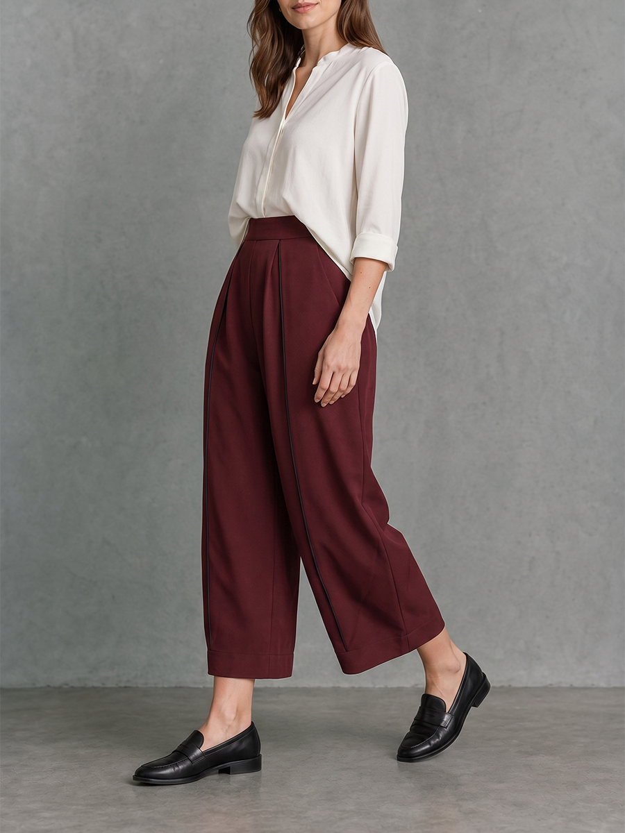 Solid Color Pockets Pleated Wide Leg Loose Cropped Trousers