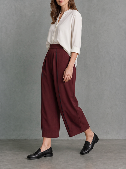 Solid Color Pockets Pleated Wide Leg Loose Cropped Trousers