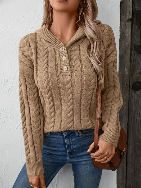 Hooded Long Sleeves Buttoned Solid Color Split-Joint Sweater Tops