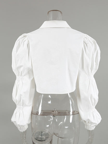 Bishop Sleeve Long Sleeves Buttoned Elasticity Solid Color Lapel Blouses&Shirts Tops