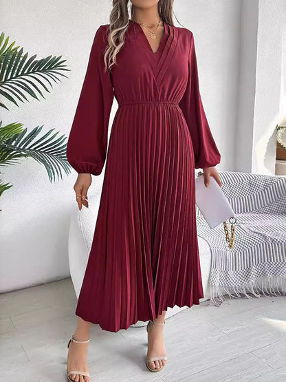 A-Line High Waisted Elasticity Pleated Solid Color V-Neck Maxi Dresses