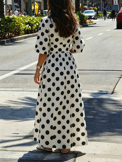 A-Line Half Sleeves Buttoned Contrast Color Elasticity Polka Dot Lapel Maxi Dresses Shirt Dress