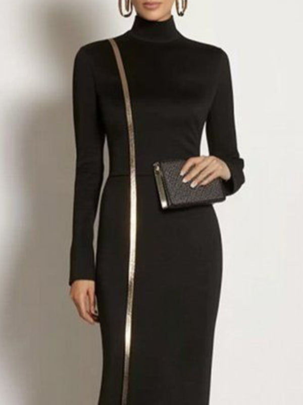 Bodycon Long Sleeves Asymmetric Split-Joint High Neck Maxi Dresses