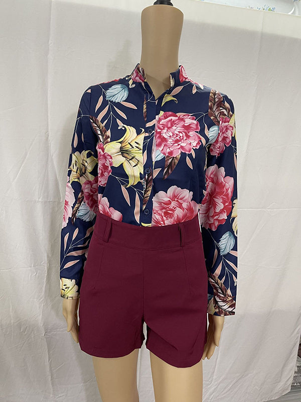 Long Sleeves Buttoned Flower Print Deep V-Neck Shirts Top +Belted Shorts Bottom Two Pieces Set