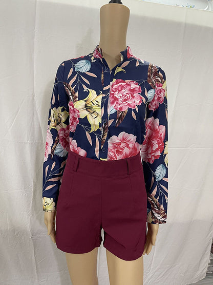 Long Sleeves Buttoned Flower Print Deep V-Neck Shirts Top +Belted Shorts Bottom Two Pieces Set