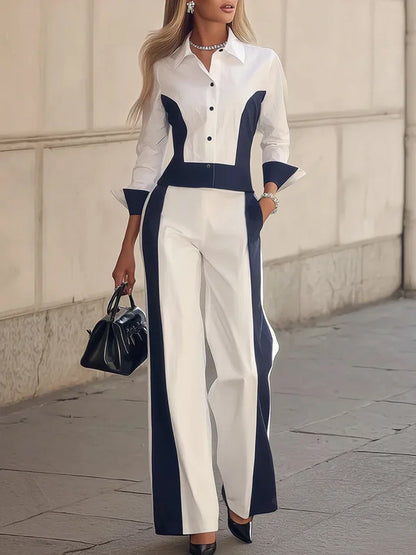 Long Sleeves Buttoned Contrast Color Split-Joint Lapel Blouses&Shirts Tops