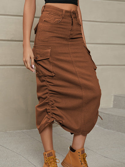 A-Line Buttoned Drawstring Pockets Solid Color Split-Side Skirts Bottoms