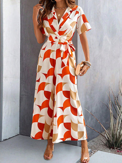 High Waisted Loose Buttoned Contrast Color Tied Waist V-Neck Jumpsuits