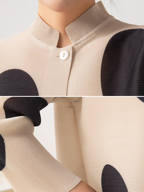 Long Sleeves Loose Pleated Polka Dot Stand Collar Top + Pants Bottomtwo Pieces Set