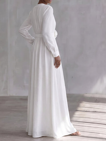High Waisted Long Sleeves Elasticity Pleated Pockets Solid Color Three-Dimensional Flower V-Neck Maxi Dresses