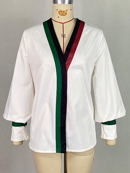 Long Sleeves Loose Contrast Color Pleated V-Neck Blouses&Shirts Tops