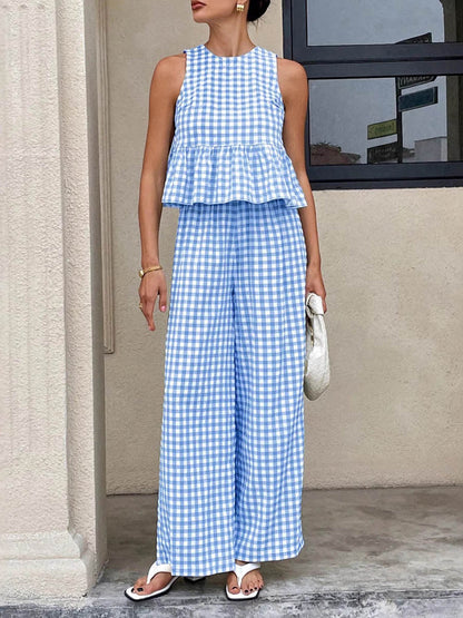 A-Line Loose Plaid Pleated Split-Joint Round-Neck Vest Top + Pants Bottom Suits