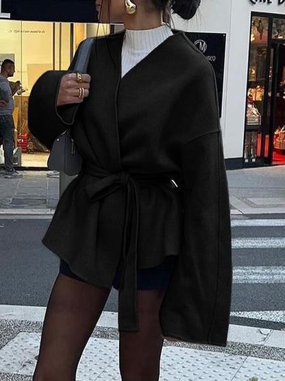 Long Sleeves Loose Solid Color Tied Waist V-Neck Outerwear