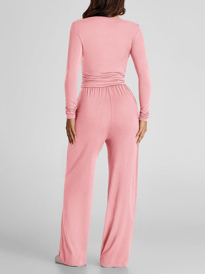 Solid Color Pleated Round-Neck T-Shirts Tops +  Elasticated Waist High Waisted Drawstring Pants Two Pieces Set