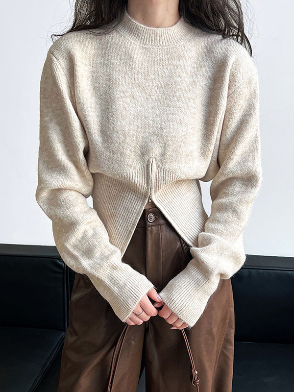 Long Sleeves Loose Solid Color Zipper Mock Neck Pullovers Sweater Tops