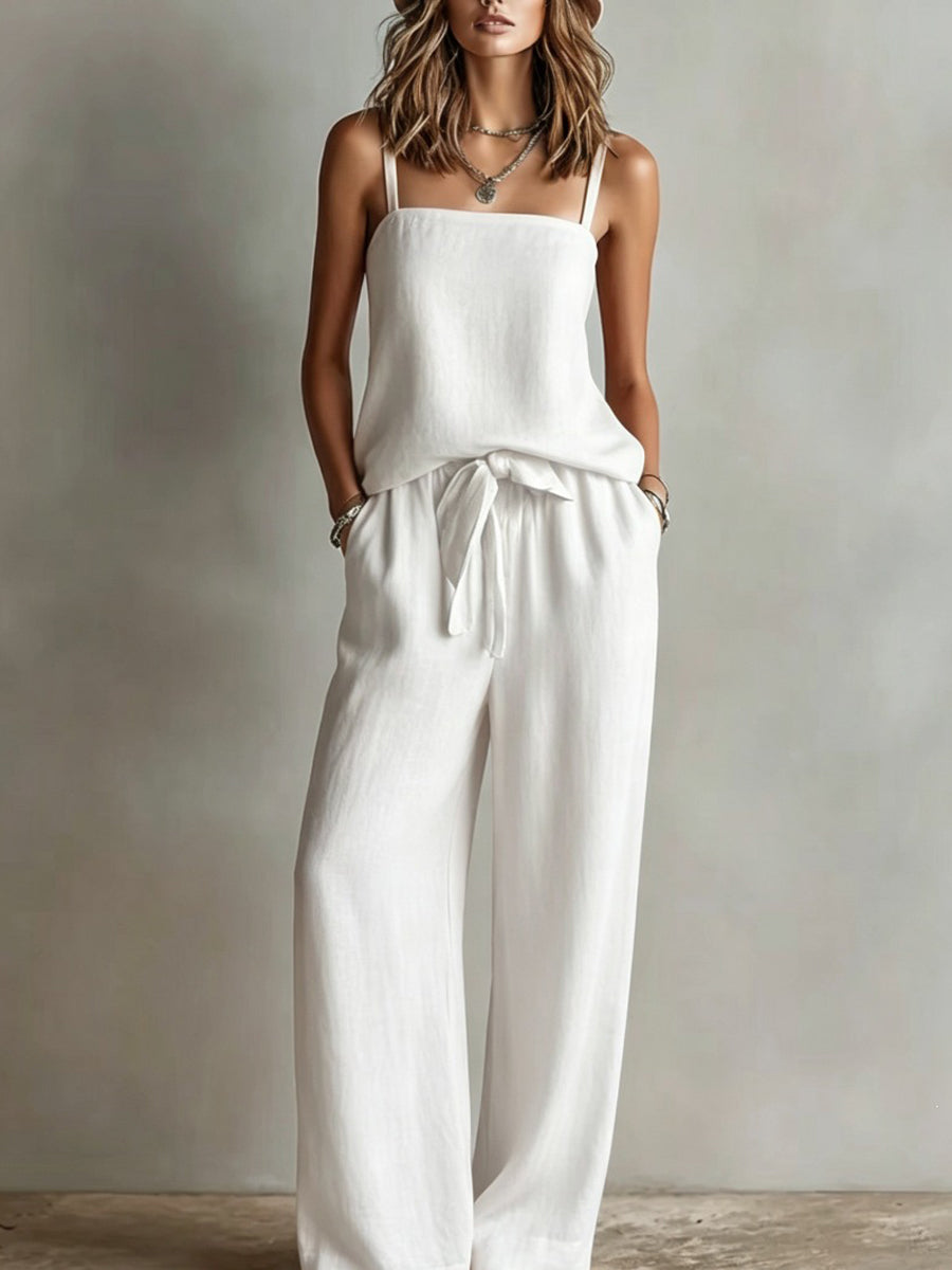 Loose Plus Size Pockets Solid Color Tied Spaghetti-Neck Vest Top + Pants Bottom Two Pieces Set