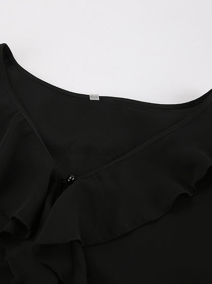 Flared Sleeves Long Sleeves Ruffled See-Through Split-Joint Lapel Blouses&Shirts Tops
