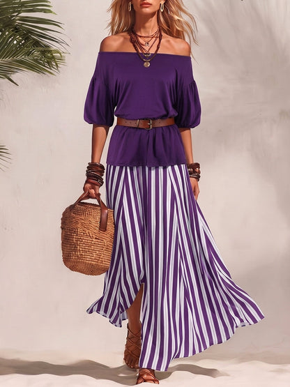 Half Sleeves Solid Color Off-The-Shoulder T-Shirts Tops + Belted Contrast Color A-Line Striped Skirts Bottoms Two Pieces Set