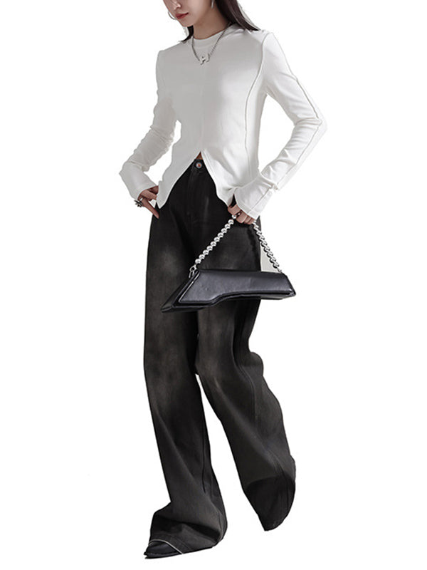 Long Sleeves Skinny Solid Color Split-Front Round-Neck T-Shirts Tops