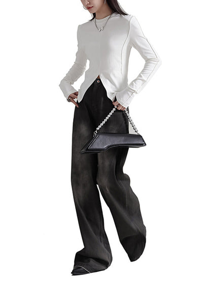 Long Sleeves Skinny Solid Color Split-Front Round-Neck T-Shirts Tops