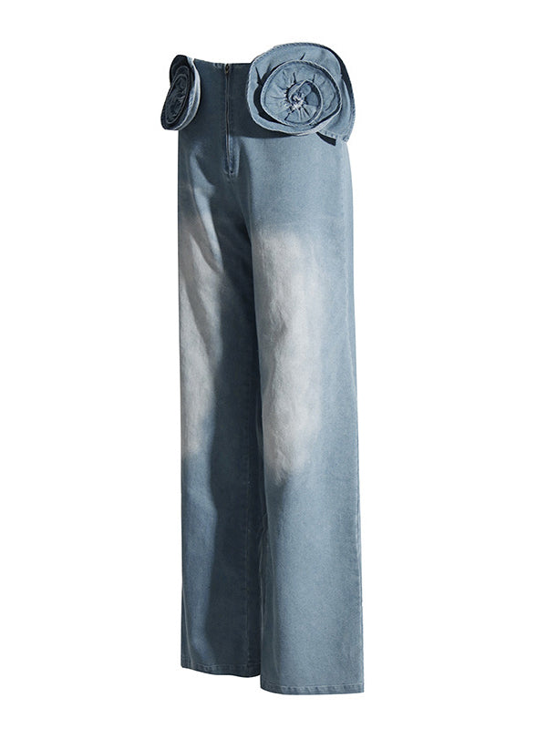 Straight Leg Three-Dimensional Flower Zipper Jean Pants Bottoms