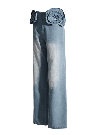 Straight Leg Three-Dimensional Flower Zipper Jean Pants Bottoms