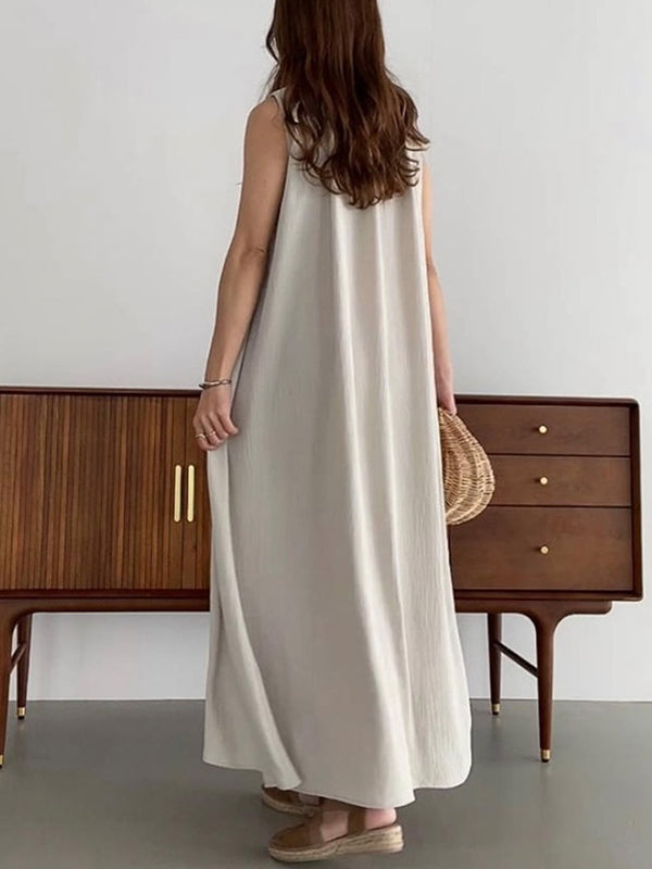 High Waisted Loose Pleated Solid Color Tied Round-Neck Maxi Dresses