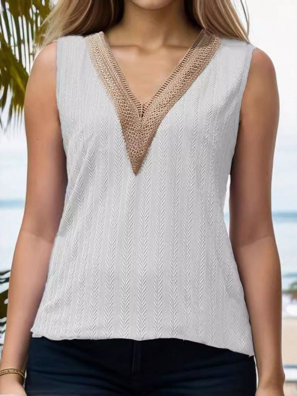 Loose Sleeveless Jacquard Split-Joint V-Neck Vest Top