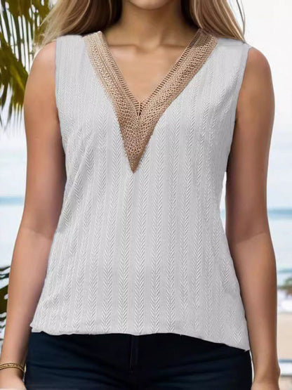 Loose Sleeveless Jacquard Split-Joint V-Neck Vest Top