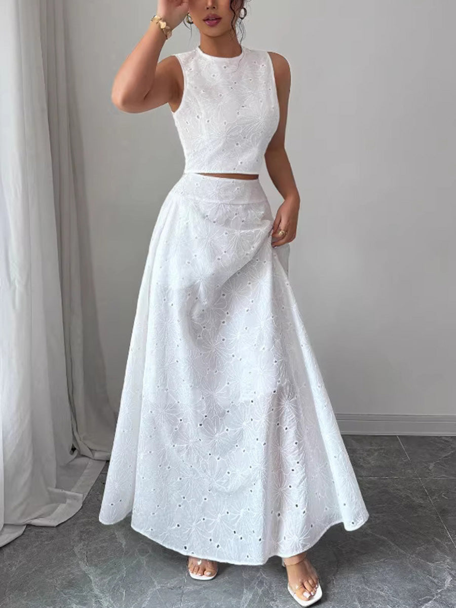 Cropped Embroidered Hollow Solid Color Tank Tops + High Waisted Skirts Bottoms Two Pieces Set