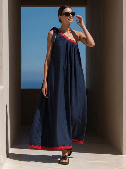 A-Line Loose Pleated Pockets Split-Joint Tied One-Shoulder Maxi Dresses