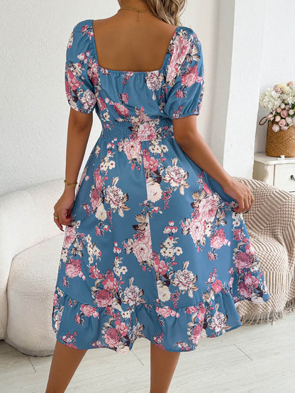 A-Line High Waisted Elasticity Floral Printed Pleated Ruffled Off-The-Shoulder Midi Dresses