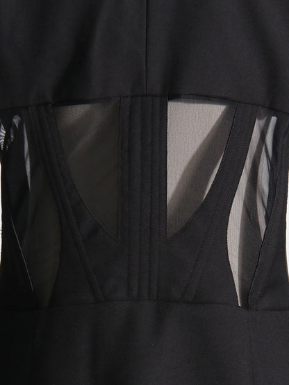 Long Sleeves Buckle Gauze See-Through Solid Color Split-Joint Notched Collar Blazer
