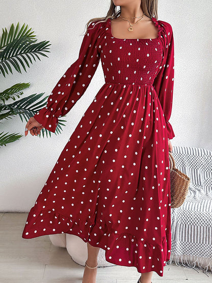 High Waisted Long Sleeves Pleated Polka Dot Ruffled Square-Neck Maxi Dresses Shirt Dress