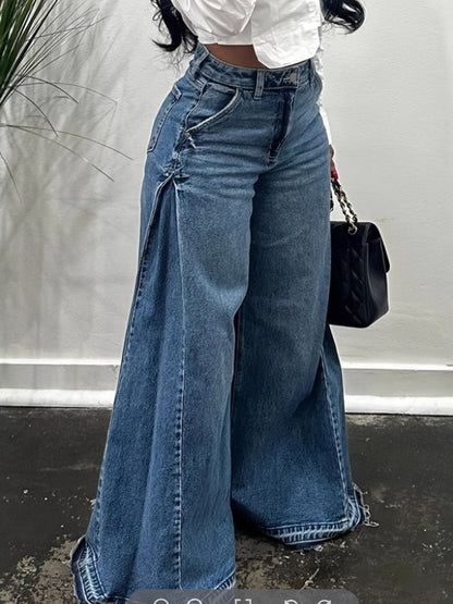 High Waisted Wide Leg Buttoned Pockets Jean Pants Bottoms