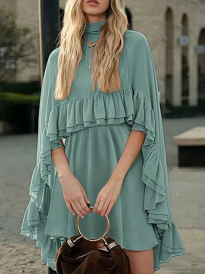 High Waisted Sleeveless Pleated Ruffled Solid Color Split-Joint Tied Mock Neck Mini Dresses Two Pieces Set