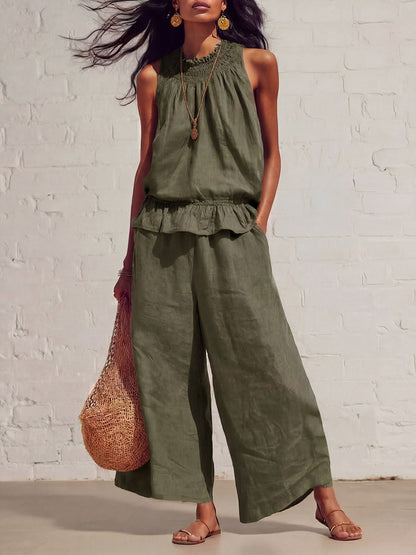 Loose Sleeveless Elasticity Pleated Pockets Solid Color Round-Neck Vest Top + Bottom Pants Two Pieces Set