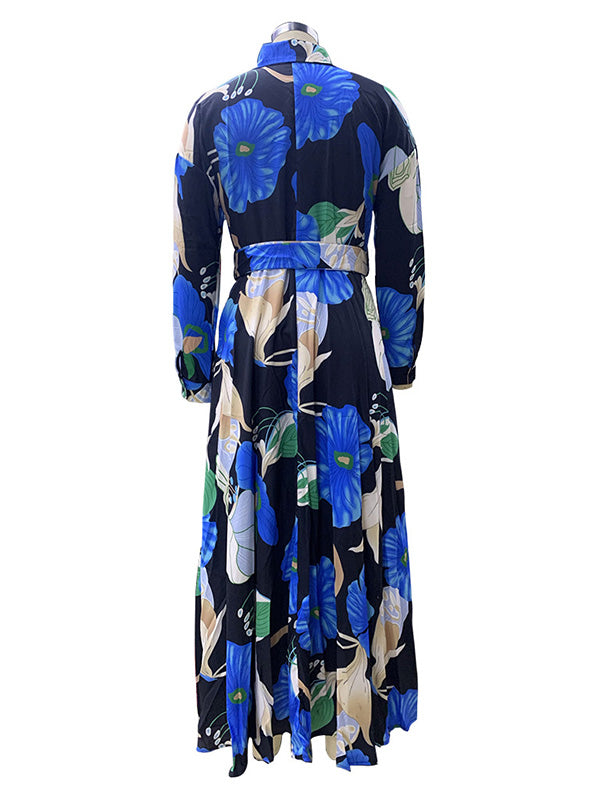 A-Line High Waisted Belted Buttoned Flower Print Lapel Maxi Dresses