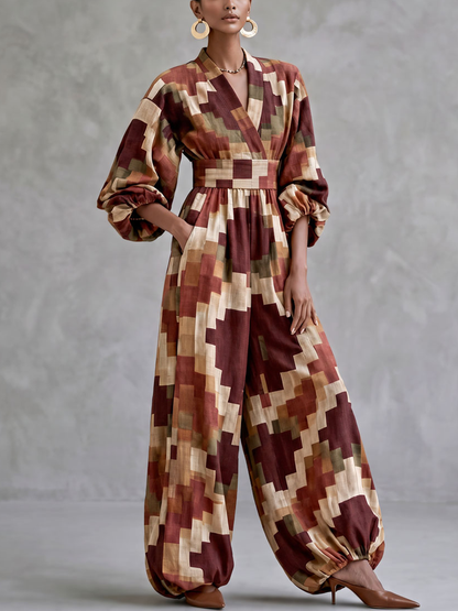 Zipper Pockets Pleated Elasticity Contrast Color Color-Block Wide Leg Loose V-neck Jumpsuits